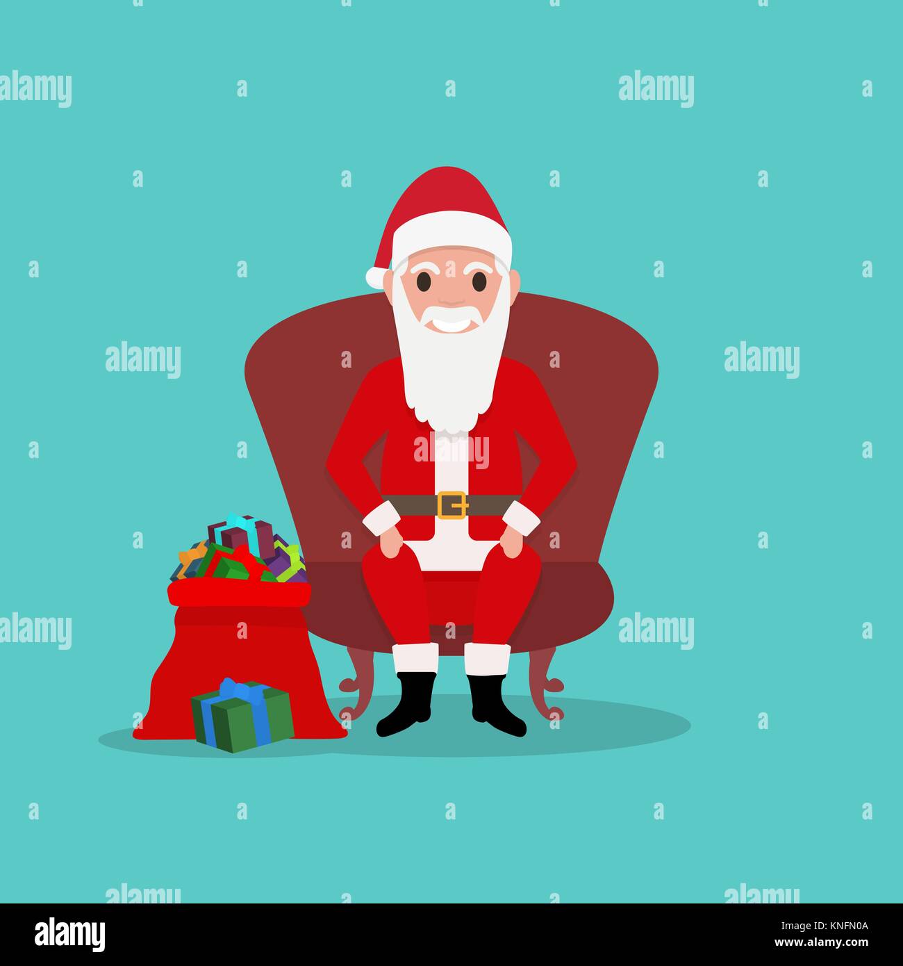 Cartoon Santa Claus si siede nella poltrona con sacco doni Illustrazione Vettoriale