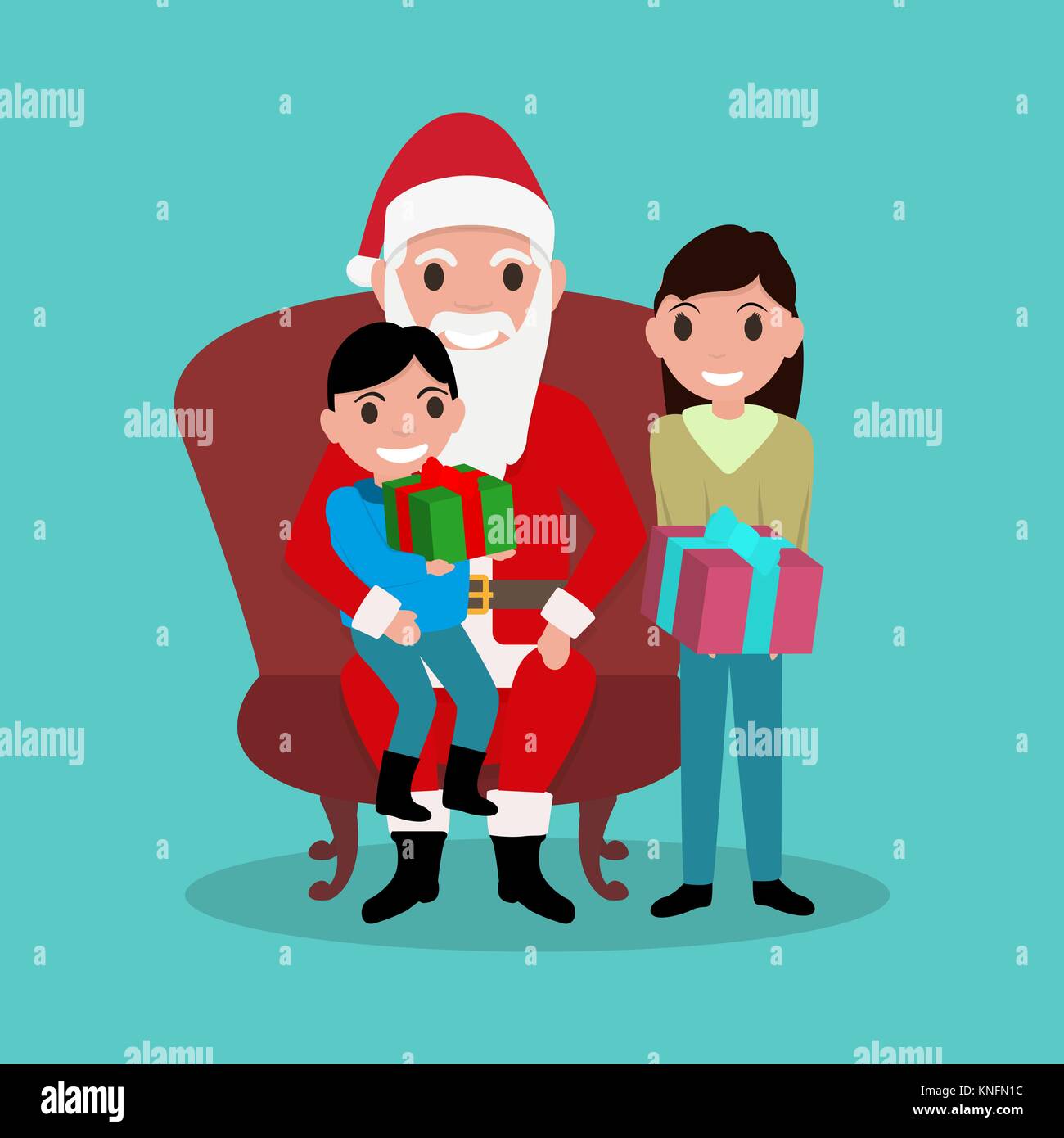 Cartoon Santa Claus seduto in poltrona con i bambini Illustrazione Vettoriale