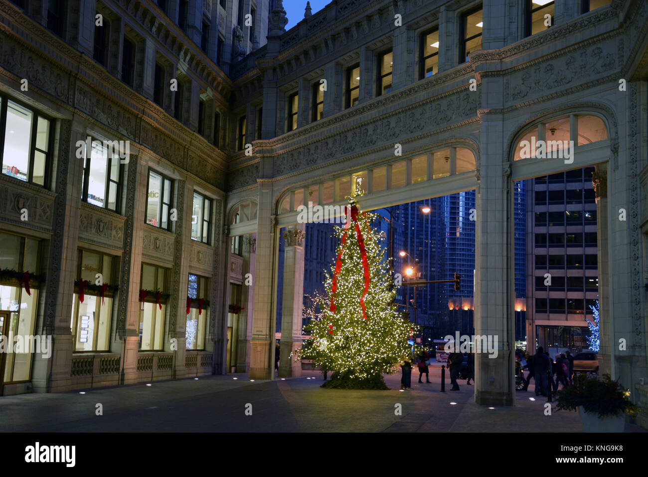 Le decorazioni di Natale salutare vacanza shopper in Il Wrigley Building plaza su Michigan Avenue e Chicago's 'Magnificent Mile'. Foto Stock