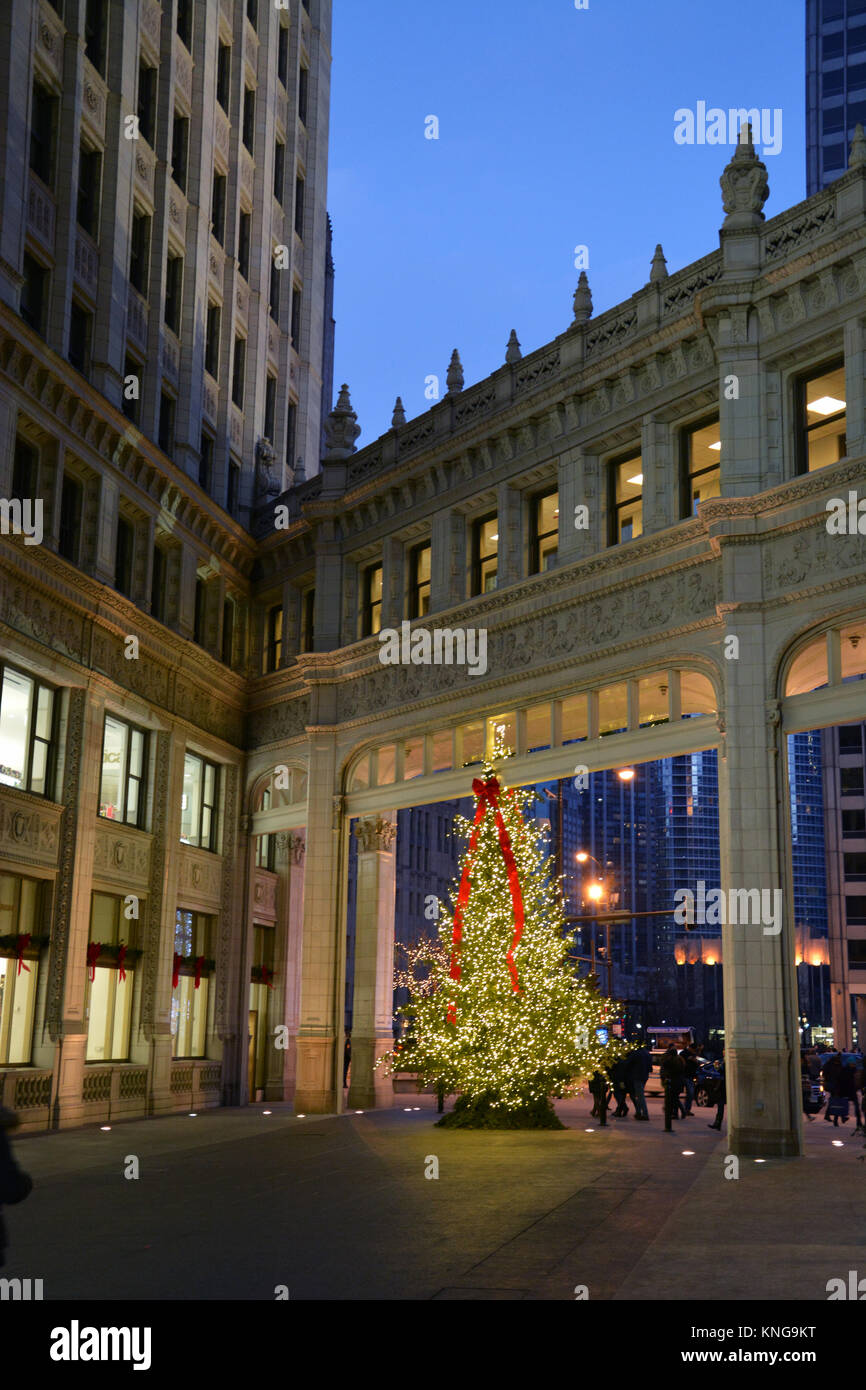 Le decorazioni di Natale salutare vacanza shopper in Il Wrigley Building plaza su Michigan Avenue e Chicago's 'Magnificent Mile'. Foto Stock