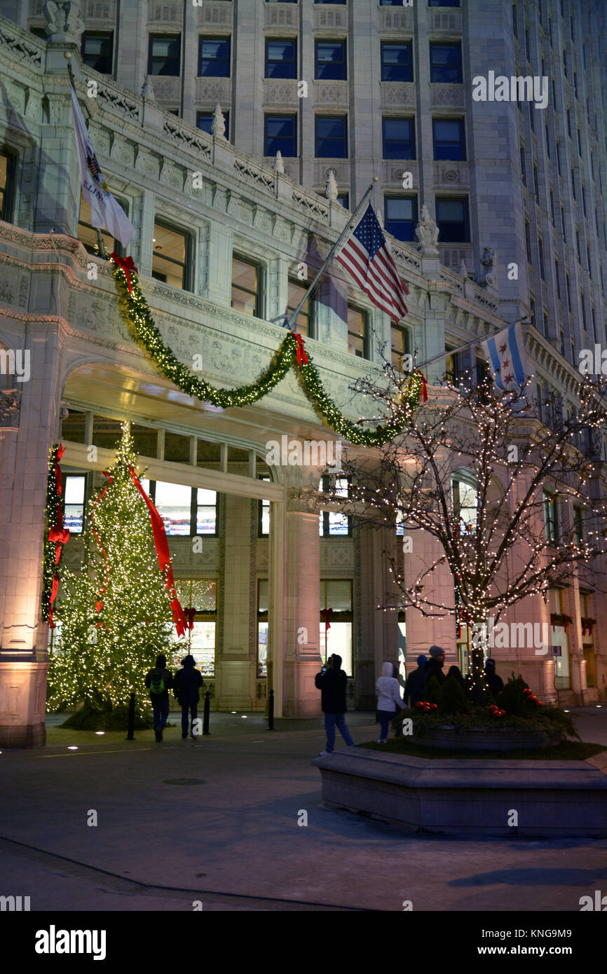 Gli acquirenti di vacanza su Michigan Avenue's 'Magnificent Mile' a piedi passato le luci di Natale sul Wrigley Building su un vivace serata in Chicago. Foto Stock