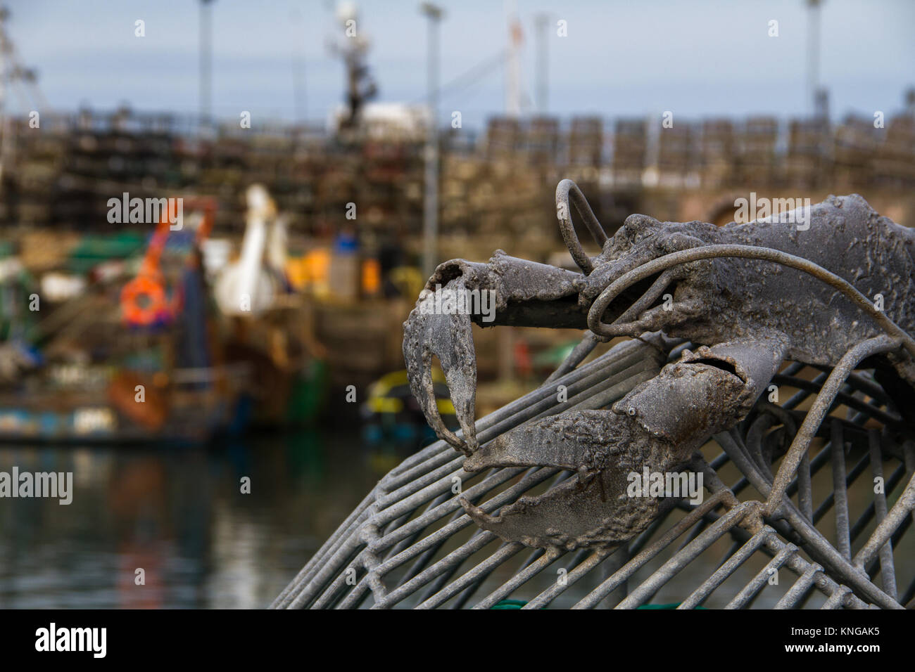 Close-up di una scultura di una aragosta arrampicarsi su un lobster pot a Brixham Harbour. Brixham, Torbay, Devon, Regno Unito Foto Stock