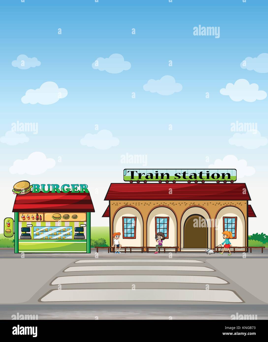 Illustrazione di un burger di giunzione e una stazione ferroviaria Illustrazione Vettoriale