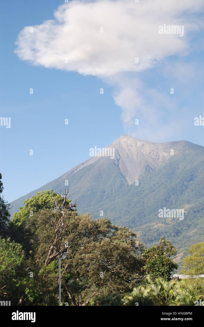 Un' eruzione del vulcano Fuego in Guatemala è visto dalle pendici del vulcano Pacaya Foto Stock
