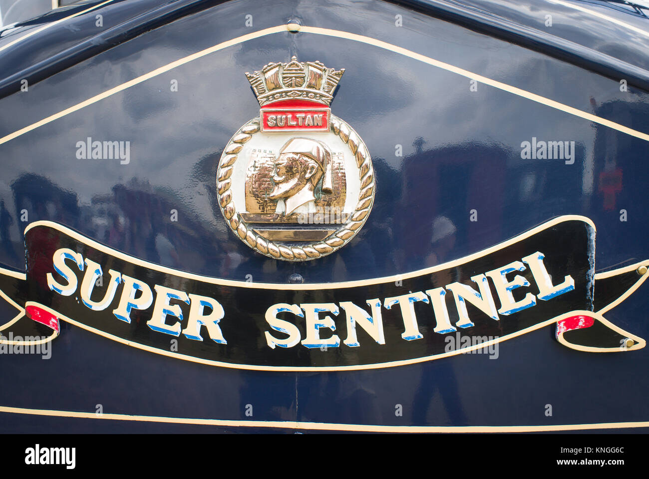 Dettagli di identificazione di un oild britannico carro a vapore - un Super Sentinel realizzato originariamente a Shrewsbury Shropshire England Regno Unito nel 1930 Foto Stock