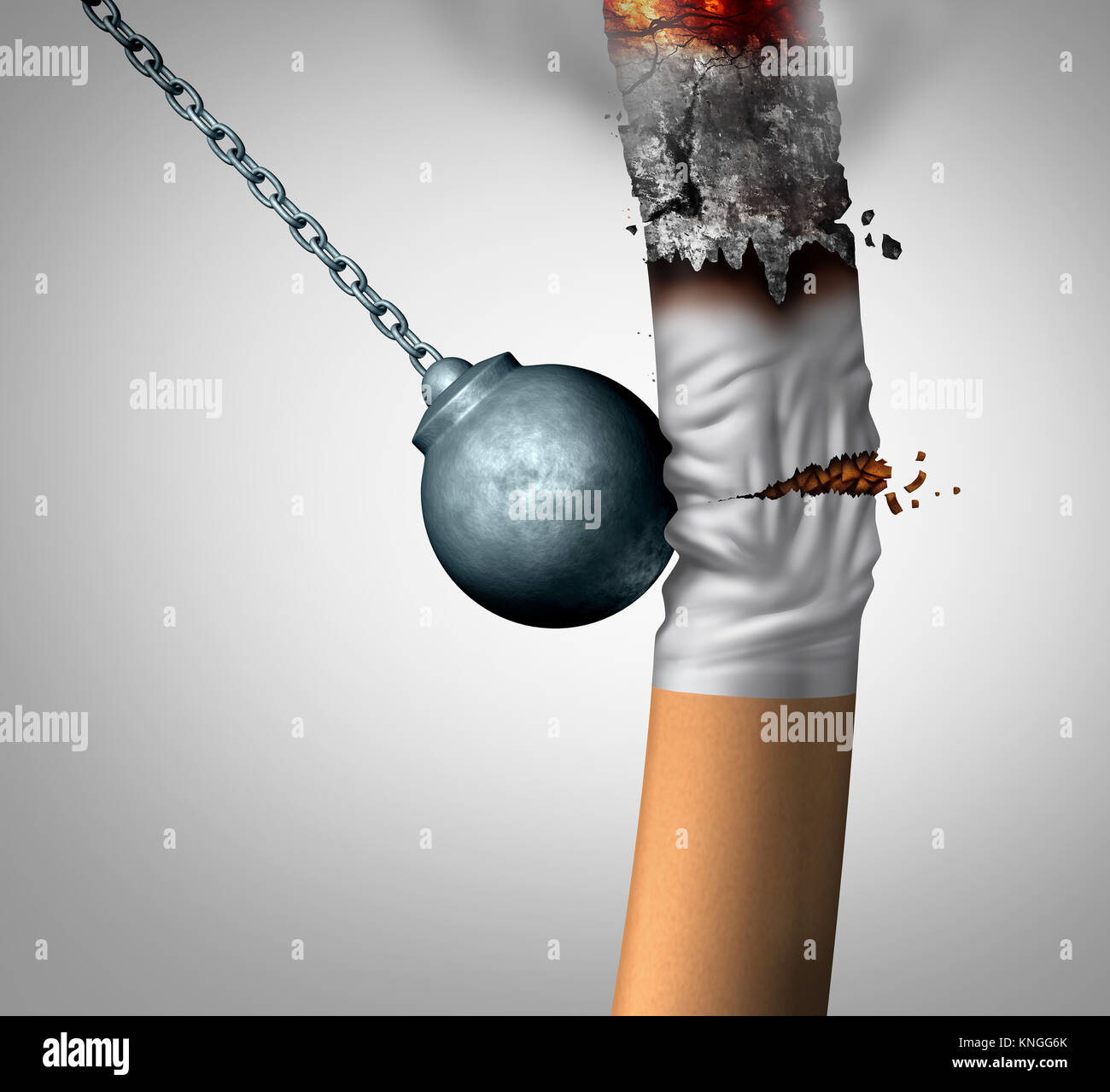 La rottura di un abitudine di fumare e uscire dagli il fumatore dipendenza come una palla di demolizione la frantumazione di una sigaretta di nicotina. Foto Stock