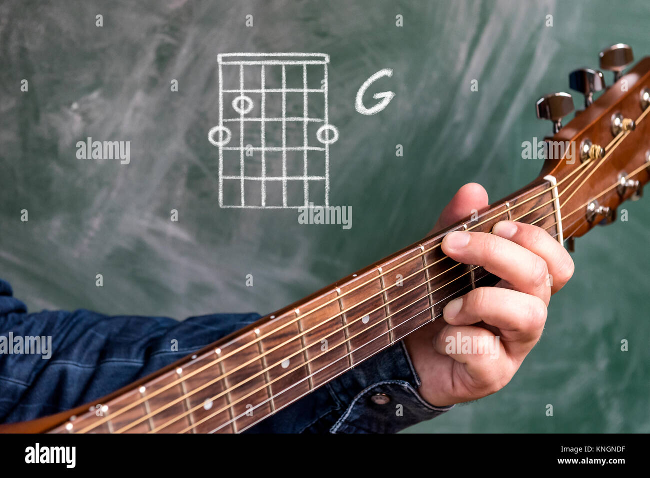 Uomo in un blu denim shirt giocando corde della chitarra visualizzati su una lavagna, corda G Foto Stock