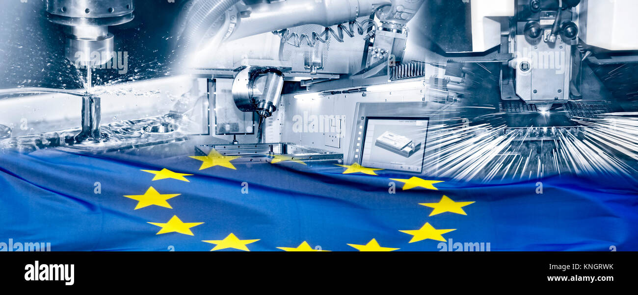 La produzione industriale e la bandiera europea Foto Stock