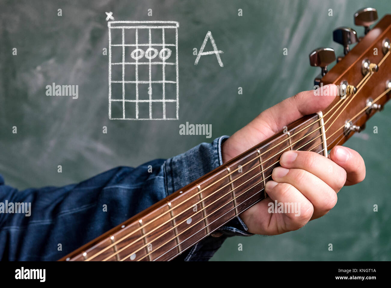 Uomo in un blu denim shirt giocando corde della chitarra visualizzati su una lavagna, una corda Foto Stock