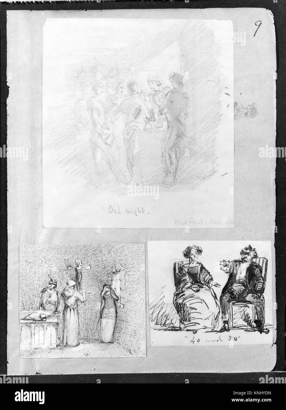 Schizzo che raffigura un uomo e una donna seduti da un libro di schizzi di un artista, mostrando dettagli anatomici, posa e rappresentazione espressiva della forma umana. Foto Stock