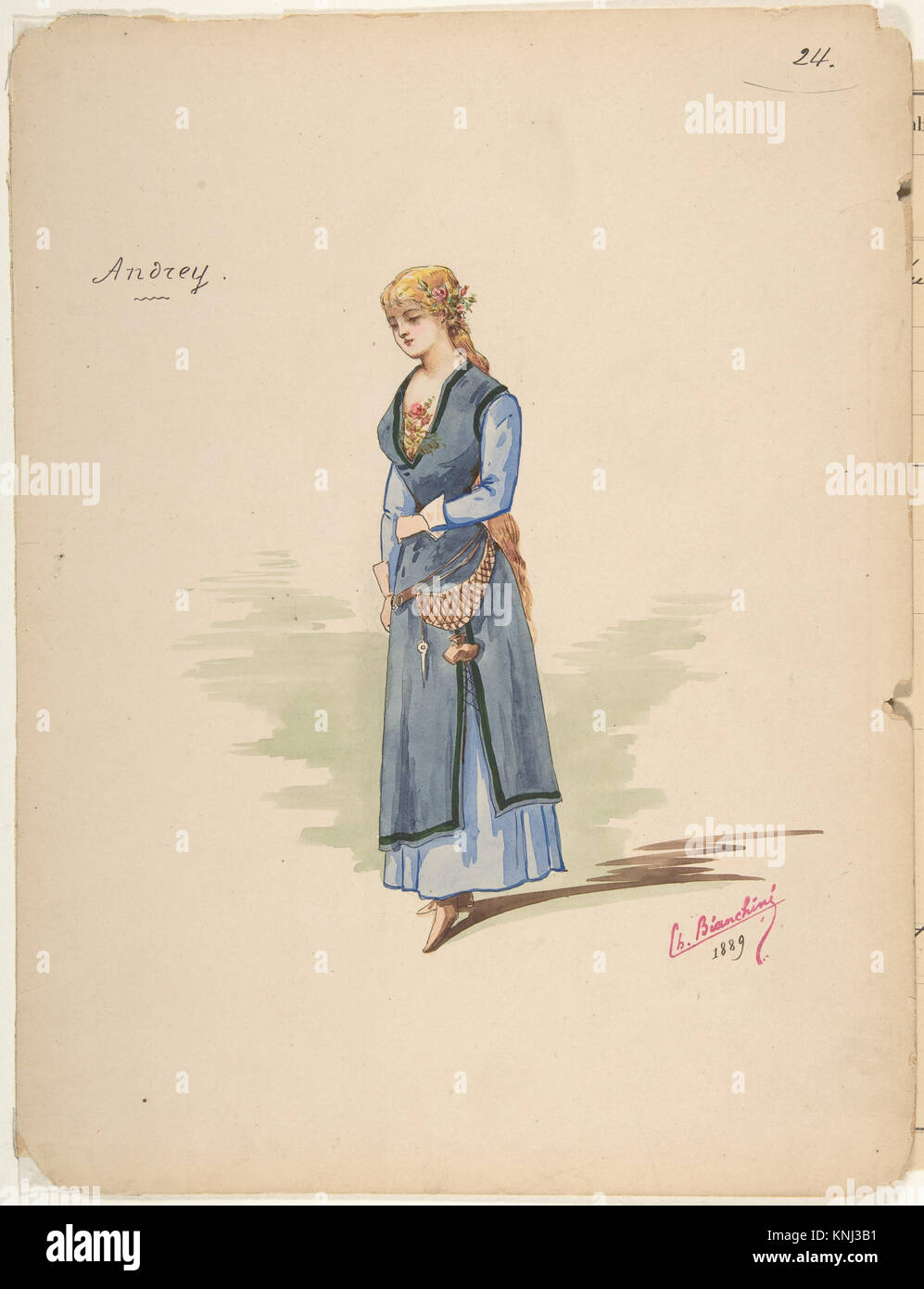 Costume Design for 'Andrey' [a]; scheda descrittiva di accessori [b] di Charles Bianchini (francese, Lione 1860–1905 Parigi), 1889, Medium: Penna e inchiostro nero, acquerello Foto Stock