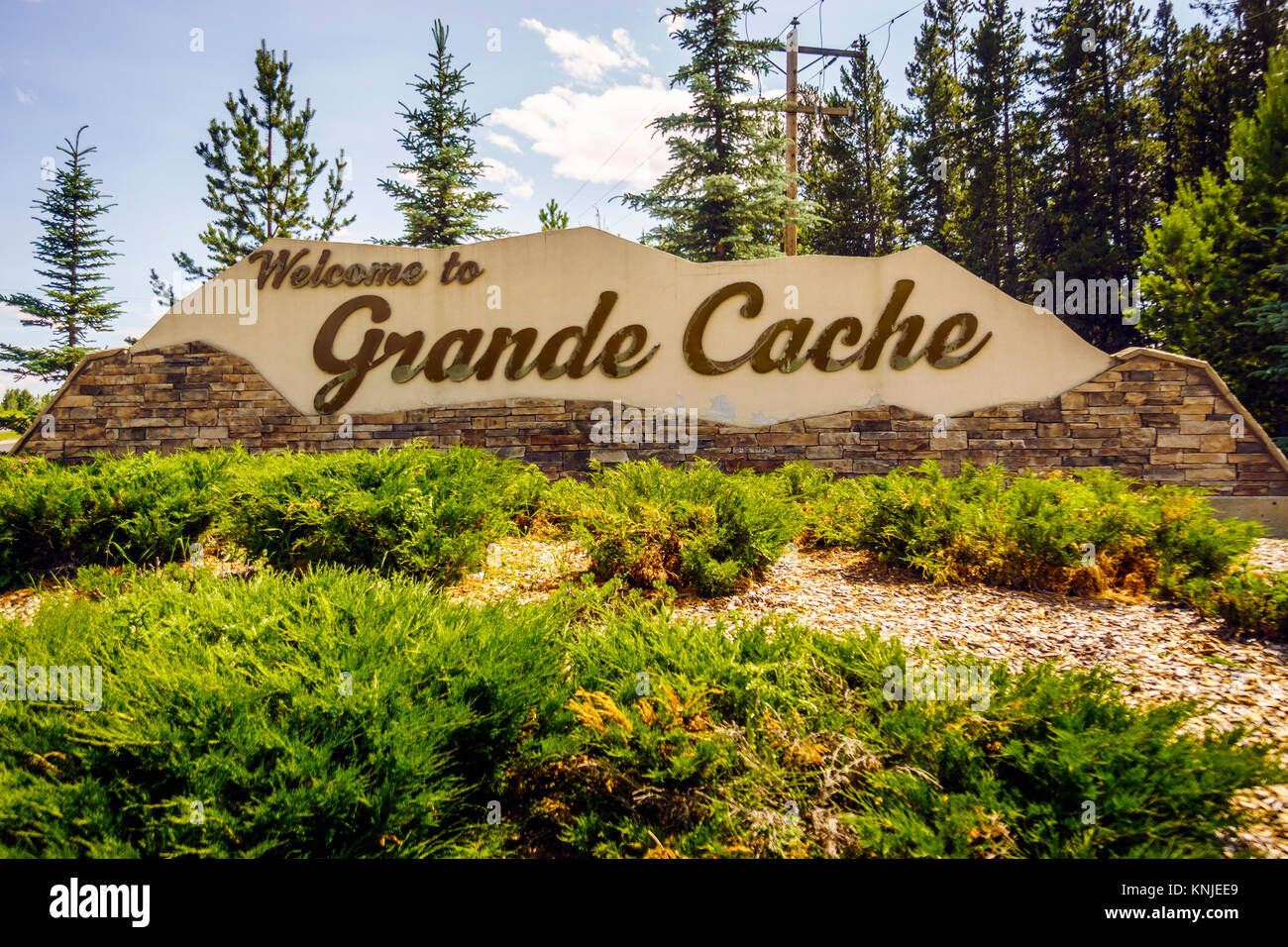 Benvenuti al Grande Cache, accogliente sign in Alberta, Canada Foto Stock