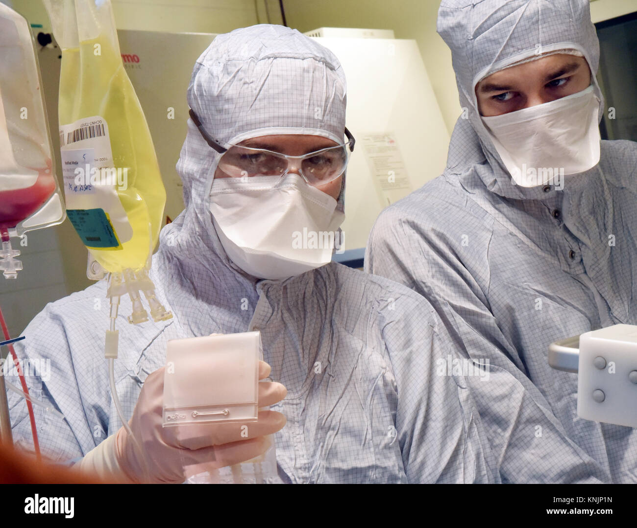 La tecnica farmaceutica assistente Michael Nemetz e il laboratorio biologico tecnico Simon Kuebler (R) il lavoro su una nuova forma di cella personalizzato terapia contro il cancro con alta tecnologia specializzata all'interno di una camera pulita presso l'Istituto Fraunhofer per la terapia cellulare e l'Immunologia (IZI) a Leipzig, Germania, 20 novembre 2017. Il Fraunhofer Institute sta lavorando sul progetto congiunto con la società Novartis Pharma AG al fine di sviluppare adeguatamente la nuova forma di terapia, l'antigene chimerico terapia del recettore (carrello). Esso richiede la riprogrammazione dei pazienti· proprie cellule immunitarie di trattare i loro Foto Stock