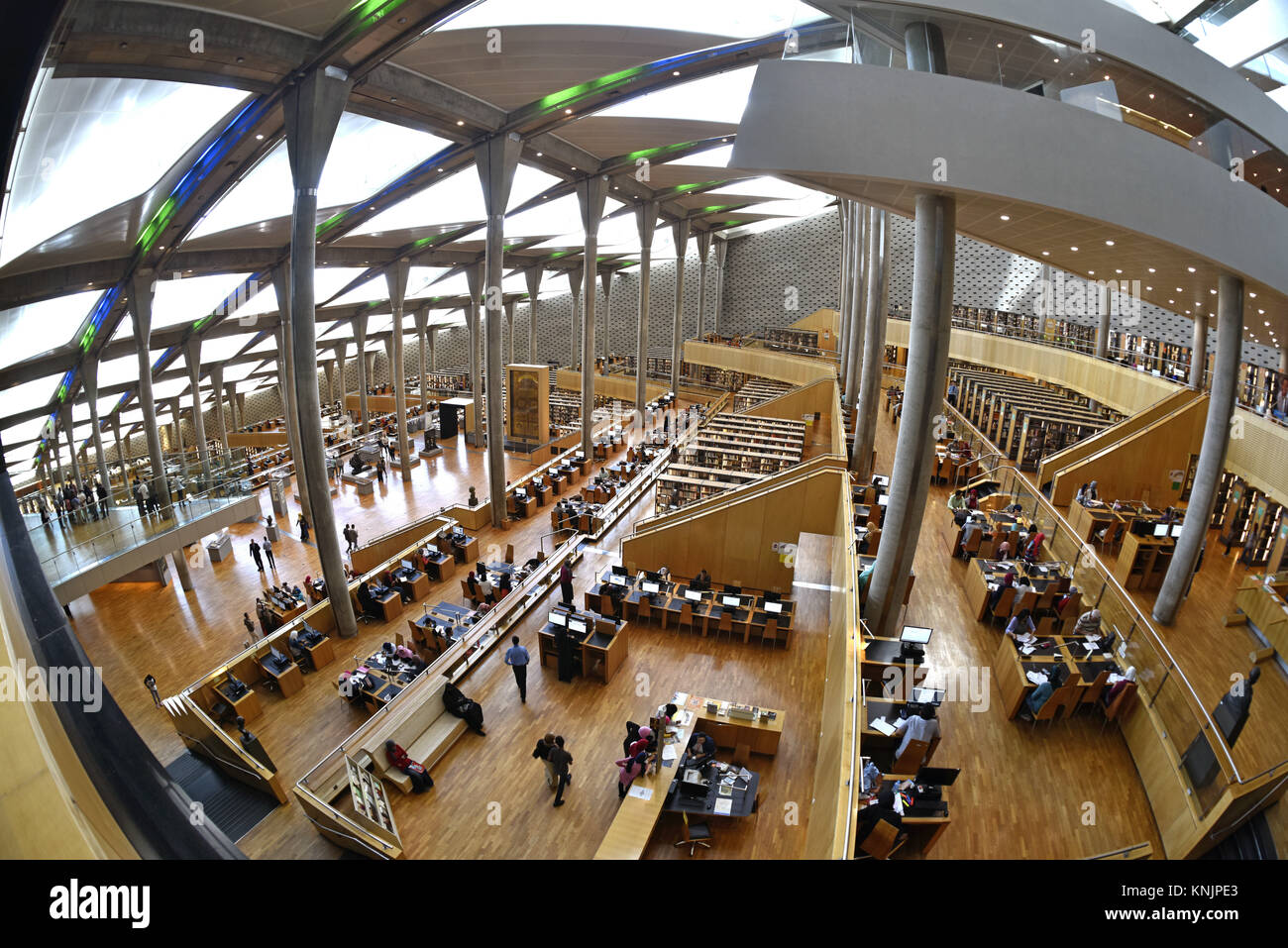 La sala di lettura della Bibliotheca Alexandrina, raffigurato su 02.11.2017. La moderna Bibliotheca Alexandrina Biblioteca fu aperta nel 2002 in Alessandria presso il sito della biblioteca antica, che era la più significativa e la più grande biblioteca del mondo antico, ha detto di aver alloggiato 700.000 pergamene. | Utilizzo di tutto il mondo Foto Stock