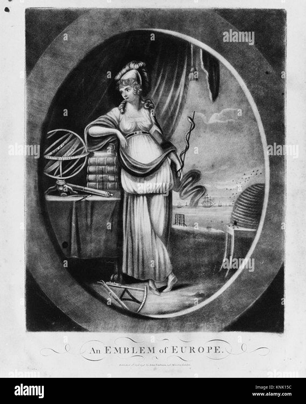 Una stampa dal titolo "un emblema d'Europa" creata dal tipografo ed editore britannico John Fairburn nel 1798, raffigurante immagini simboliche che rappresentano l'Europa. Foto Stock