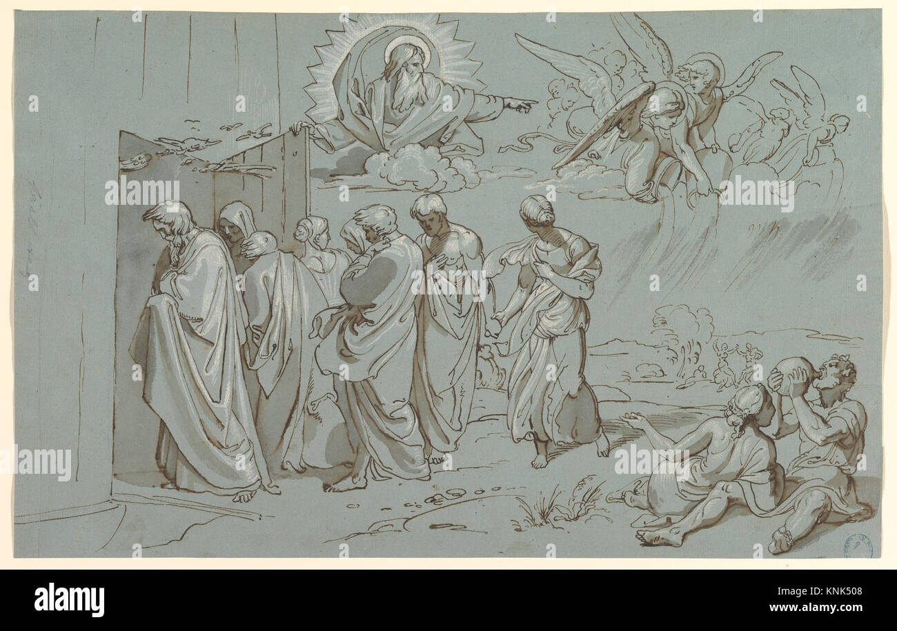 Dipinto di Joseph von Führich raffigurante Noè e la sua famiglia che entrano nell'Arca, che rappresenta la narrazione biblica e l'arte religiosa austriaca del XIX secolo. Foto Stock