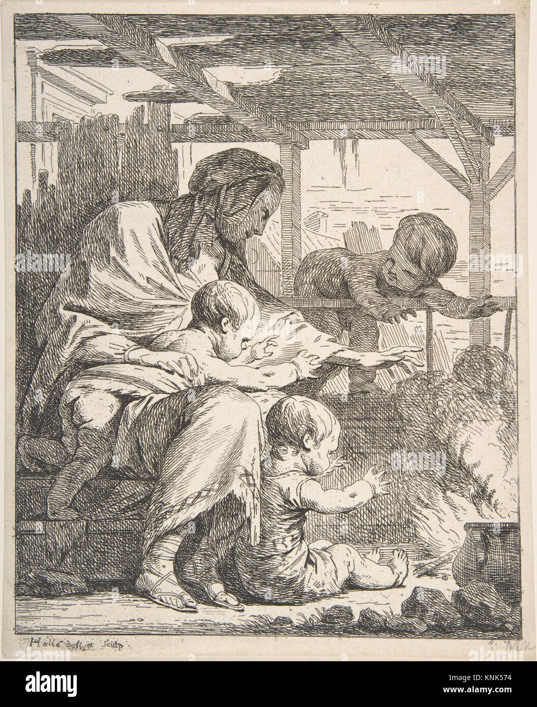 Famiglia che scalda le mani con un fuoco, stampa del pittore, disegnatore e incisore francese Noël Hallé (1711-1781), XVIII secolo Foto Stock