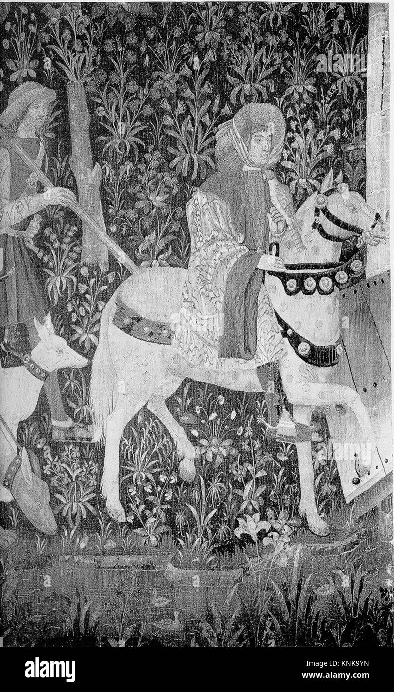 Questa opera d'arte in lana dei Paesi Bassi meridionali, ca. 1495-1515, illustra un cacciatore che torna in un castello dopo una caccia al cervo. Foto Stock Questa opera d'arte in lana dei Paesi Bassi meridionali, ca. 1495-1515, illustra un cacciatore che torna in un castello dopo una caccia al cervo. Foto Stock