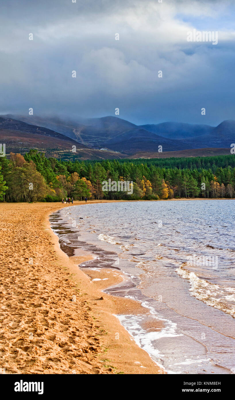 La gente camminare sulla spiaggia sabbiosa a Loch Morlich,Glenmore, Highlands scozzesi, blustery luminosa giornata autunnale, il misty Cairngorm altopiano sorge dietro. Foto Stock