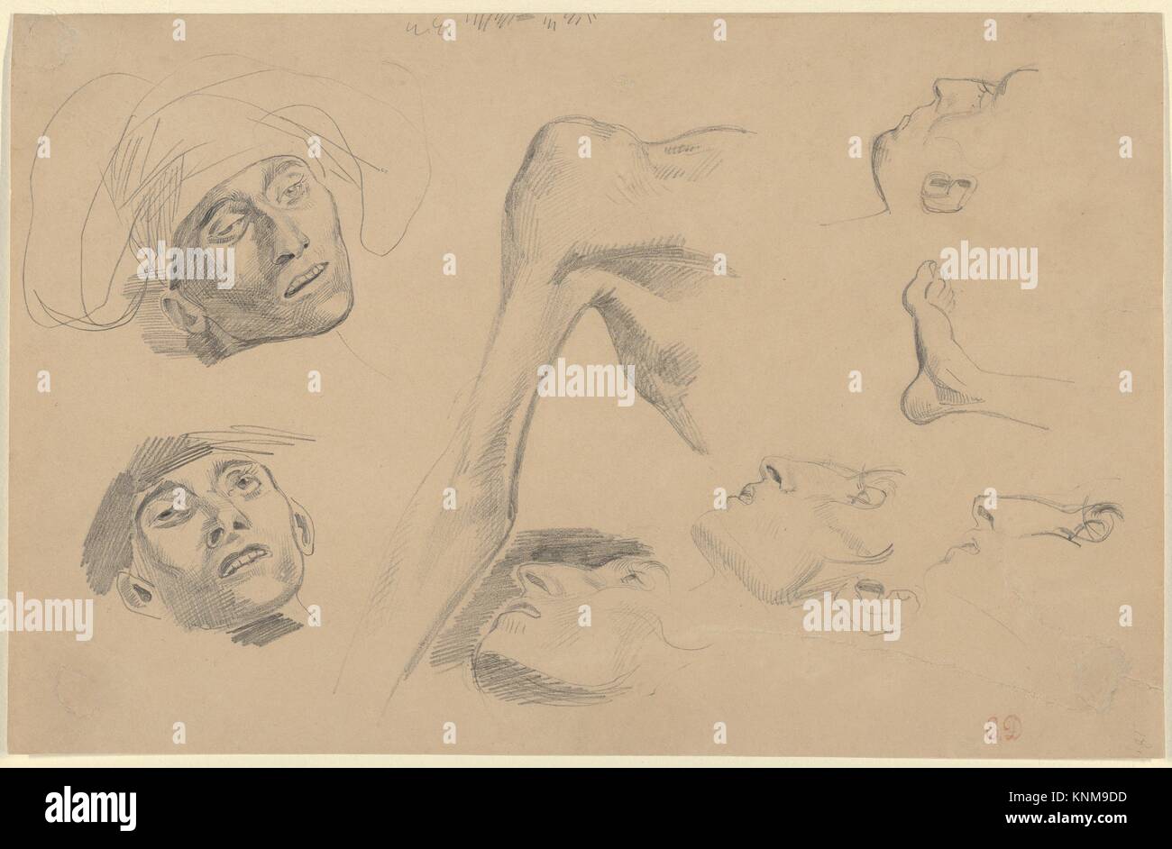 Testa, la spalla e il piede, studi per scene di massacri di Chios. Artista: Eugène Delacroix (francese, Charenton-Saint-Maurice 1798 - 1863 Parigi); Foto Stock