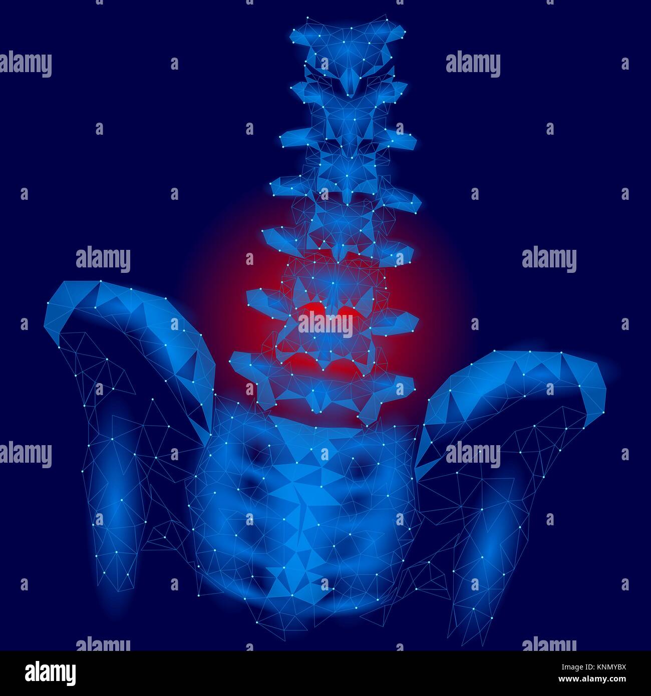 Colonna vertebrale umana hip radiculitis lombare dolore bassa poli. Geometrica delle particelle poligonali triangolo linea punto la medicina del futuro della tecnologia Blu rosso area dolorosa illustrazione vettoriale Illustrazione Vettoriale