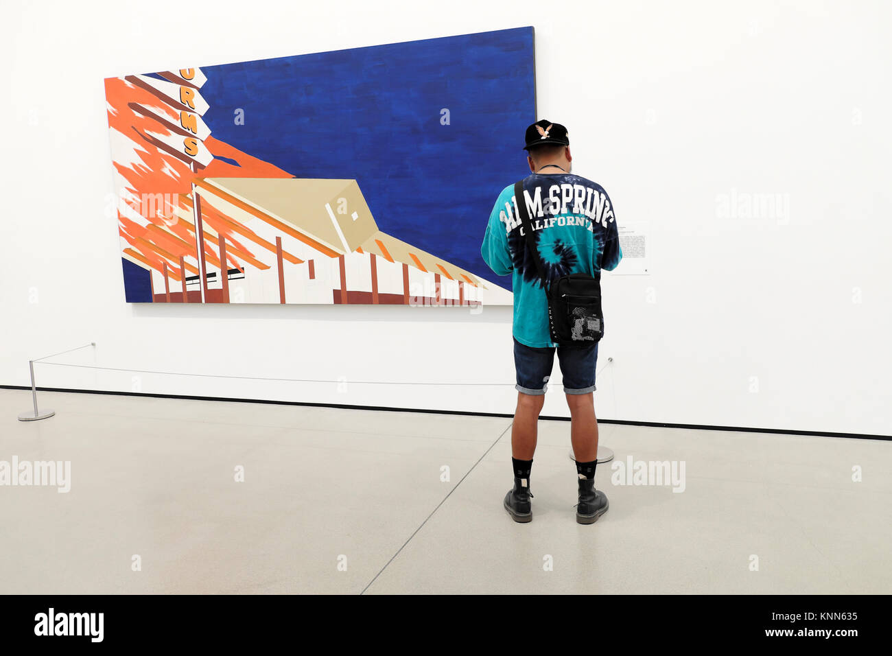 Vista posteriore di un visitatore maschio guardando ed Ruscha dipinto 'Norm di La Cienega Boulevard sul fuoco in una galleria nel vasto Art Museum di Los Angeles California USA Foto Stock