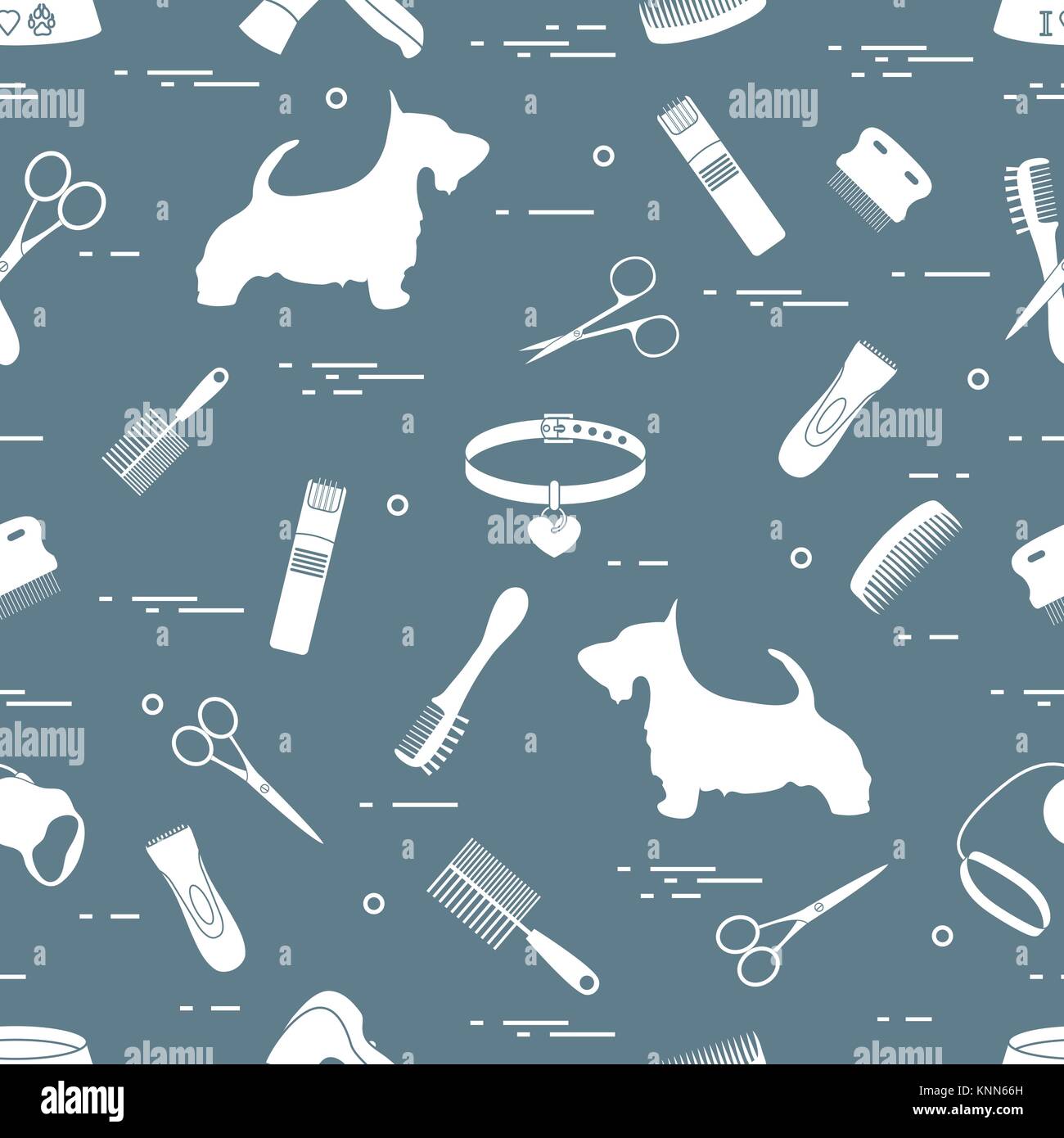 Modello con il cane, pettini, collare, guinzaglio, rasoio, asciugacapelli, ciotola, forbici. La cura della salute, toelettatura, prendersi cura di un cane, mostra. Illustrazione Vettoriale