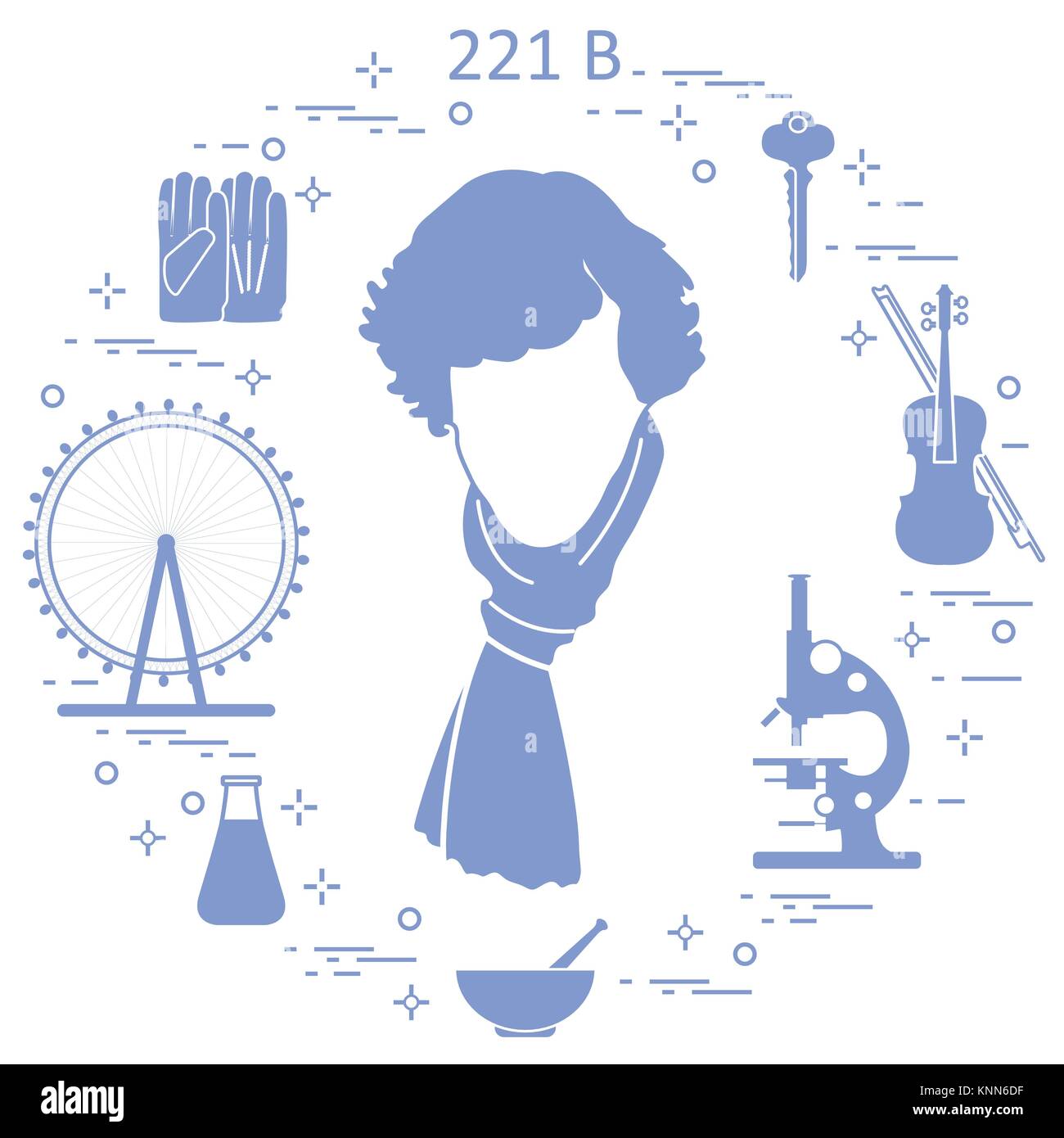 Detective privato Sherlock Holmes con una varietà di strumenti e apparecchiature. L'eroe della popolare serie TV. Design per un annuncio stampa. Illustrazione Vettoriale