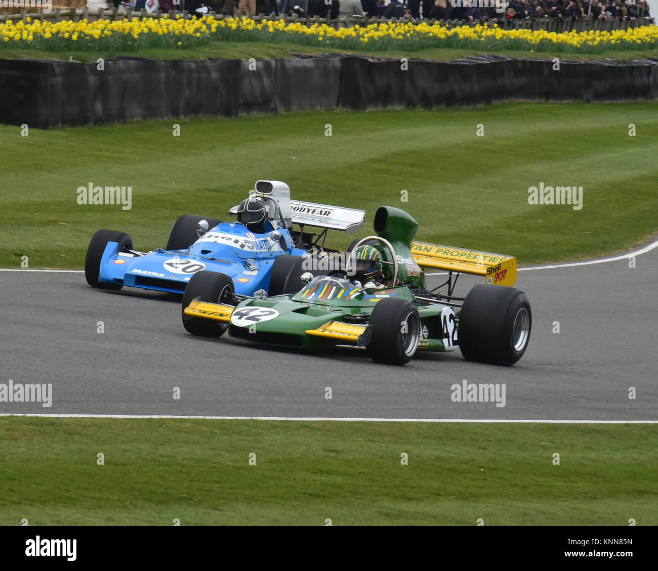 Guillaume Collinot, Token-Cosworth RJ02, Rob Hall, Matra-Simca MS 120C, Alta air box vetture di F1, Goodwood 73MM Marzo 2015, 73rd, 73rd assemblea dei soci, Foto Stock