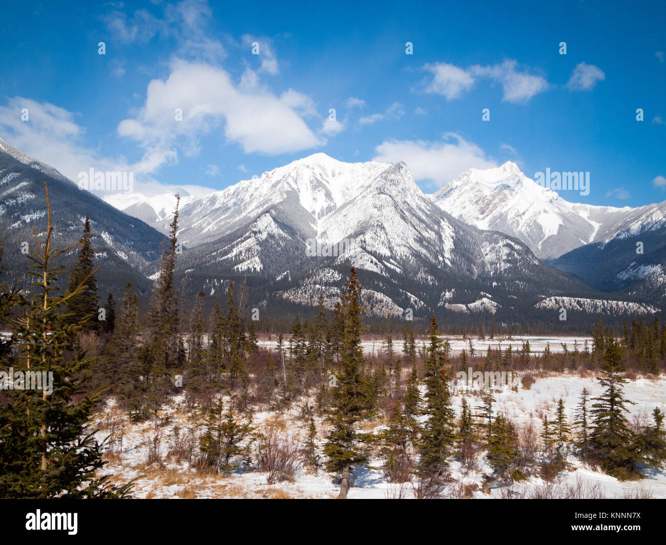 Veduta invernale di Esplanade Mountain (sinistra) e Gargoyle Mountain (destro) nel Parco Nazionale di Jasper, Alberta, Canada. Foto Stock