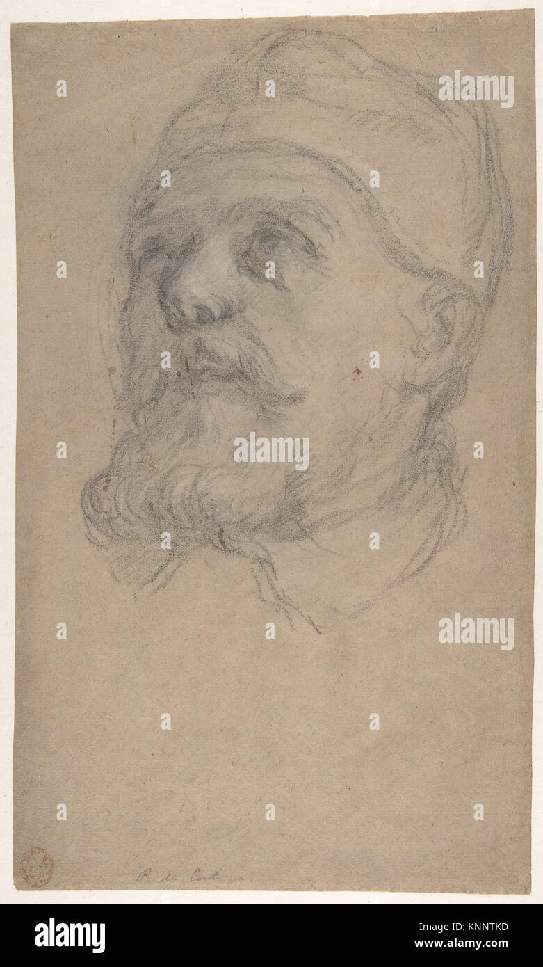Questo disegno, attribuito a Pietro Locatelli, raffigura Papa Urbano VIII (Maffeo Vincenzo Barberini), che regnò dal 1623 al 1644. Il recto presenta un ritratto dettagliato del papa, mentre il verso mostra un braccio teso. L'opera è realizzata in gesso nero, evidenziato con gesso bianco su carta marrone chiaro, risalente al 1669-70. Foto Stock