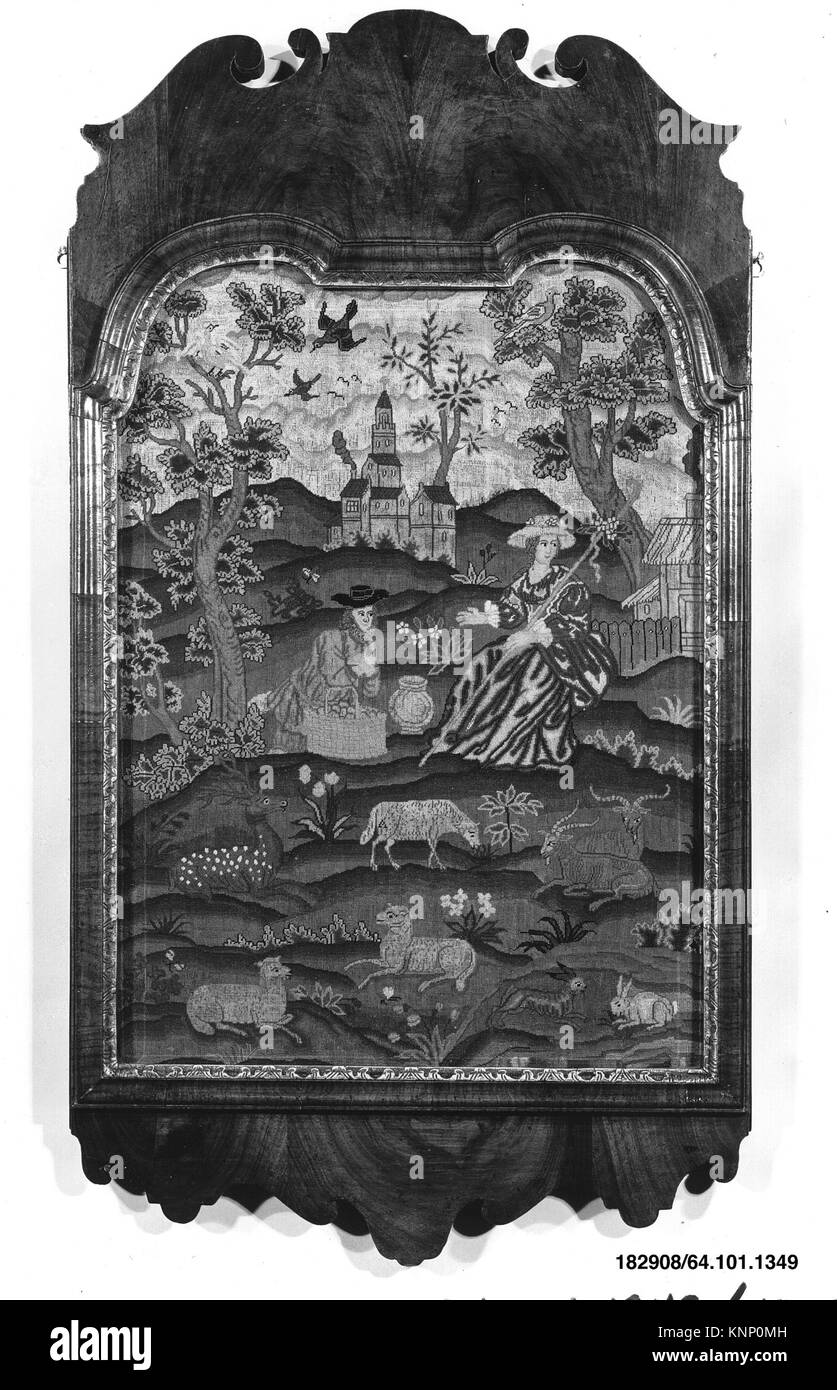Questa immagine ricamata raffigura una scena pastorale, che mostra paesaggi, figure e tecniche di cucitura tradizionali sui tessuti. Foto Stock
