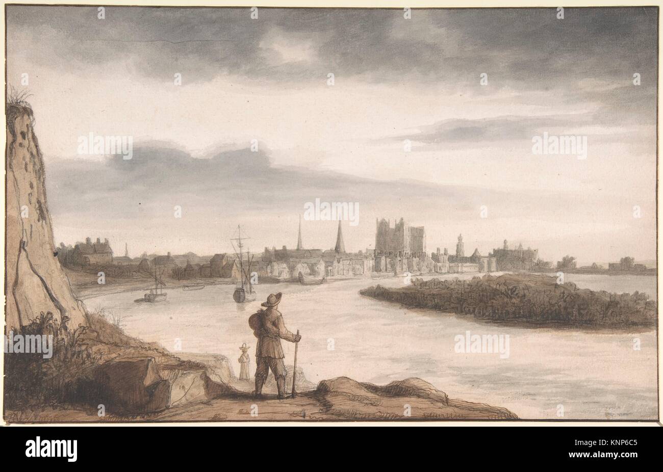 Vista di Nantes. Artista: Lambert Doomer (Olandese, 1624-1700 Amsterdam Amsterdam); data: ca. 1650s; medie: Penna e inchiostro bruno, grigio e marrone il lavaggio Foto Stock