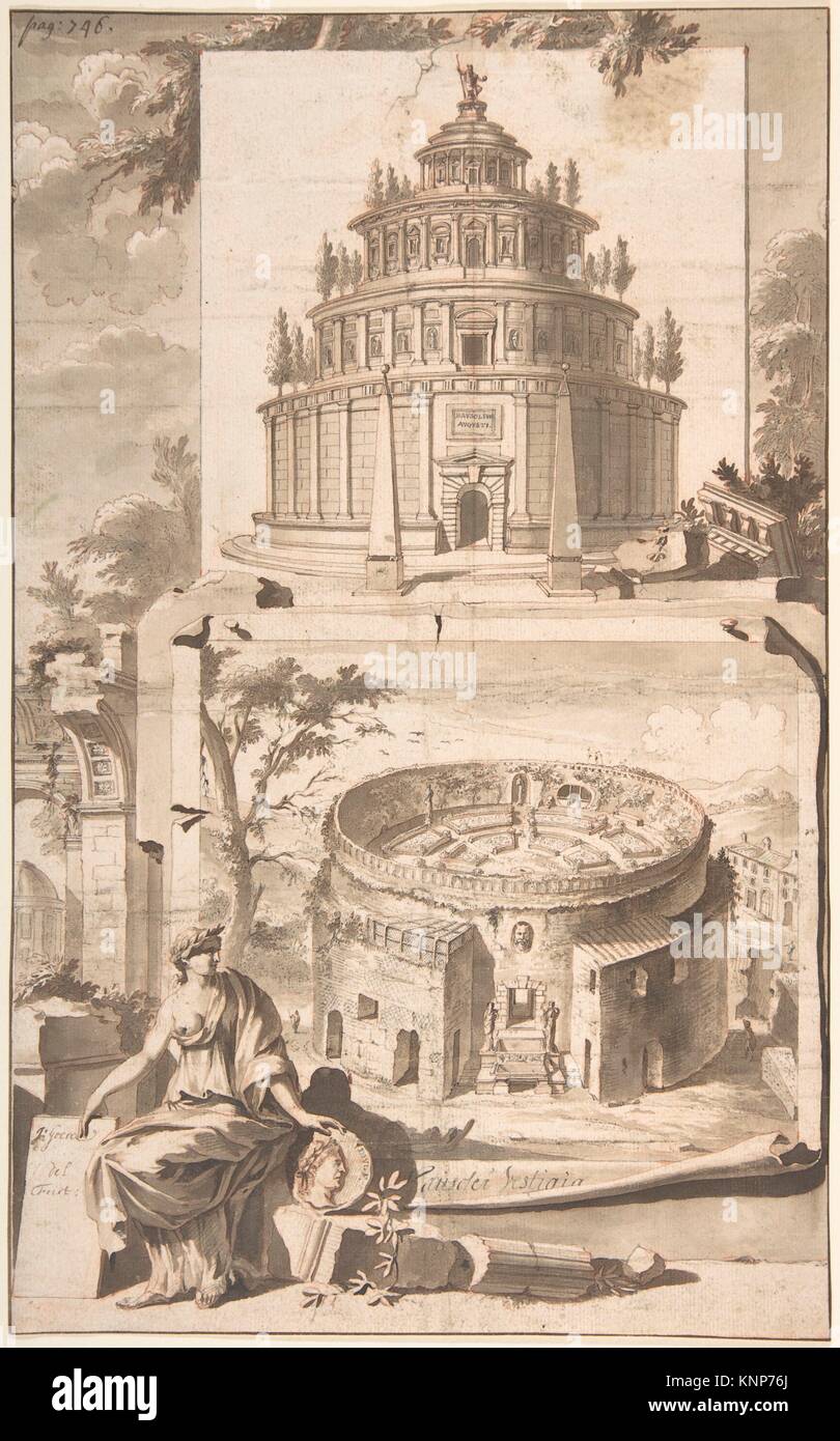 Una ricostruzione del Mausoleo di Augusto (sopra) e una vista delle rovine (sotto). Artista: Jan Goeree (Olandese, Middelburg 1670-1731 Amsterdam); Foto Stock