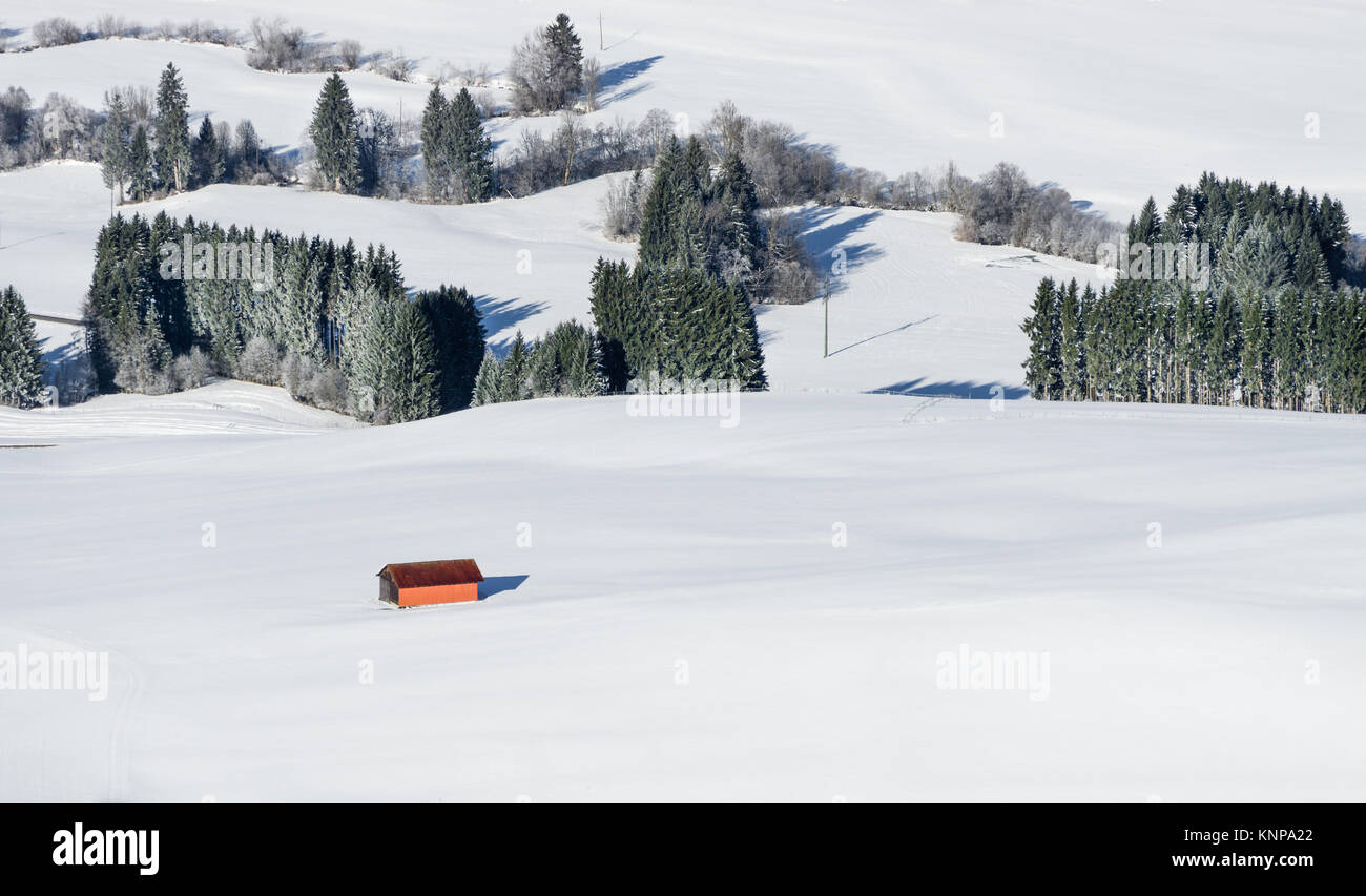 Fienile arancione edificio in bianco della neve paesaggio. Vista aerea del paesaggio rurale su terreni innevati giorno d'inverno. Weitnau, Allgau, Baviera, Germania. Foto Stock