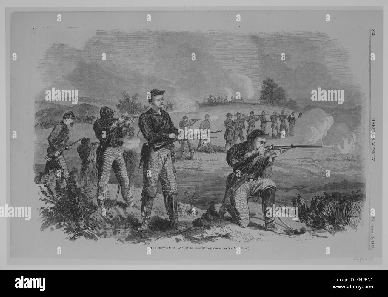 Il primo Maine Skirmishing di cavalleria. Artista: Alfred Rudolf Waud (American (nato in Inghilterra), Londra 1828-1891 Marietta, Georgia); data: 1845-91; medie: Foto Stock
