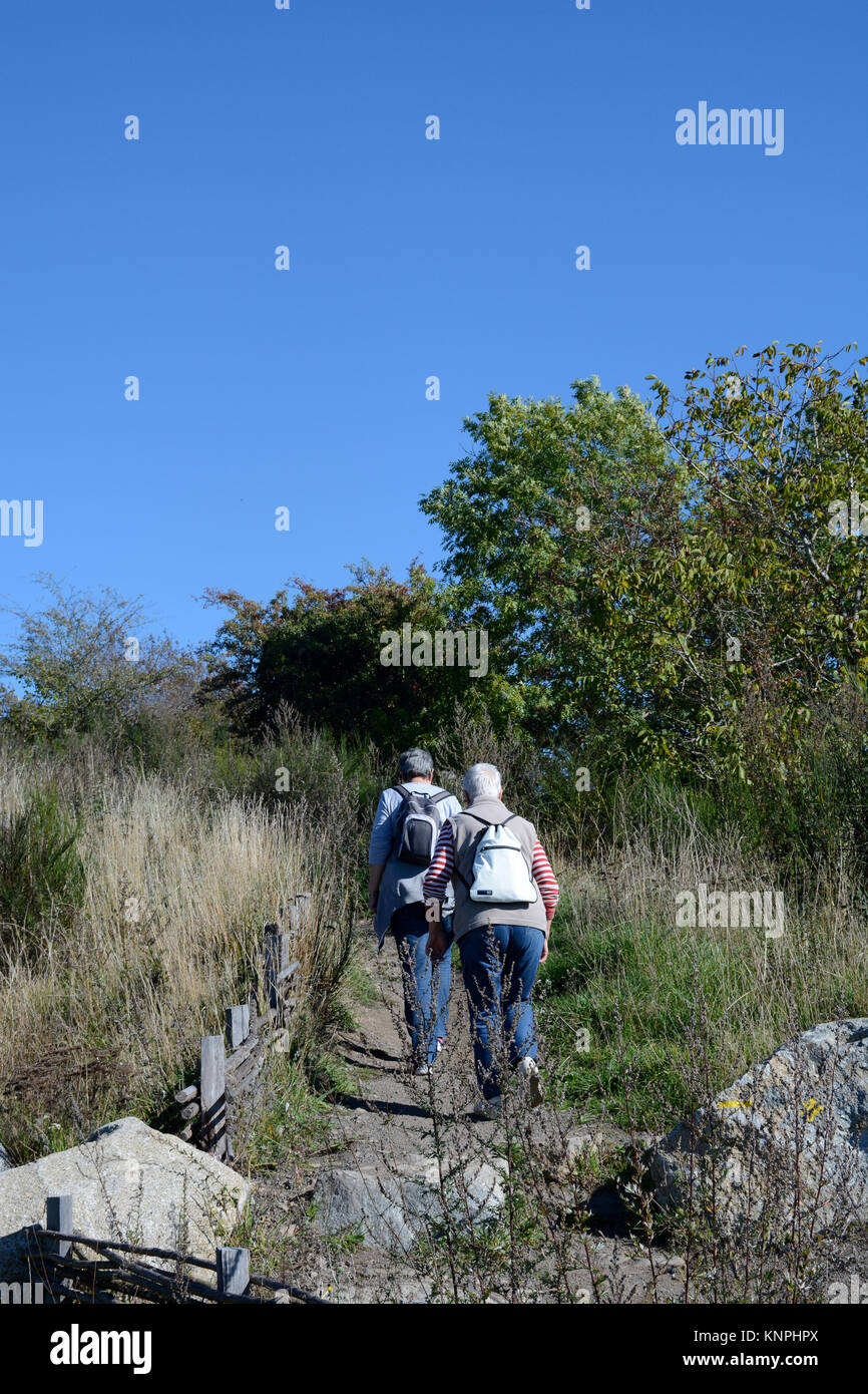 Gli anziani a camminare in montagna, Puy-de-Dome, Auvergne, Francia Foto Stock