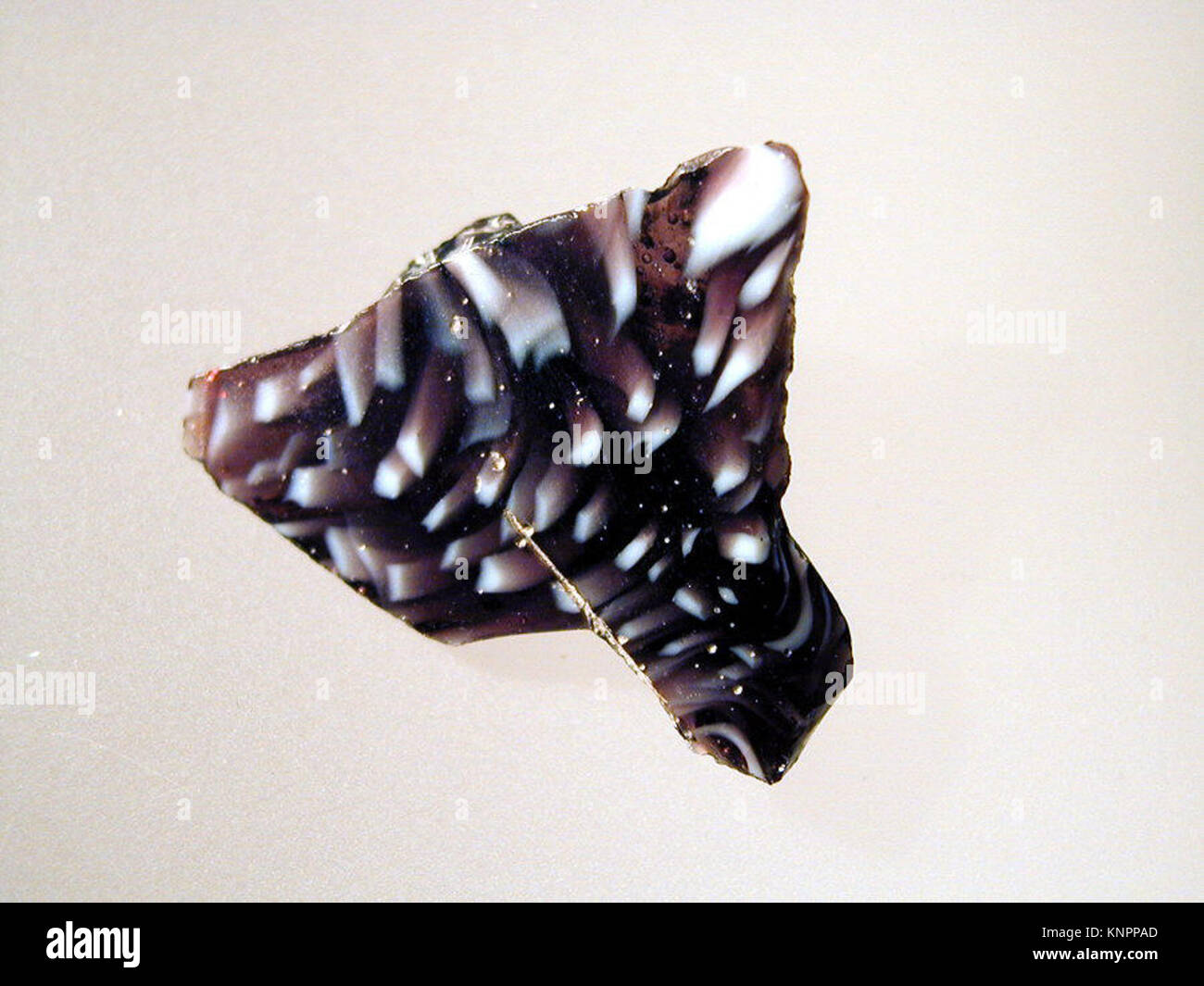 Frammento di ciotola a coste a mosaico di vetro romano dalla fine del i secolo a.C. all'inizio del i secolo d.C. Misura 3,3 x 2,8 cm. Presenta una combinazione di colori marrone miele traslucido, blu cobalto e bianco opaco. Visualizza un motivo a mosaico a nastro formato da sezioni di un singolo bastone in terreno marrone con fili bianchi e blu ondulati irregolari in linee parallele. Presenta due ampie nervature verticali con sommità appiattite e bordi esterni arrotondati all'esterno. Foto Stock