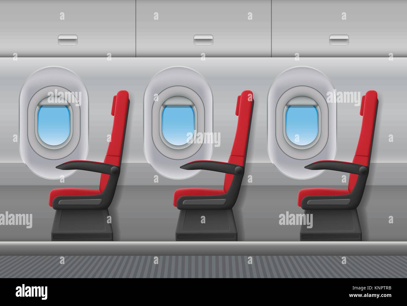 Aereo passeggeri vettore rosso interno. Aeromobili in cabina interna con oblò e sedie posti. Illustrazione Vettoriale. Illustrazione Vettoriale