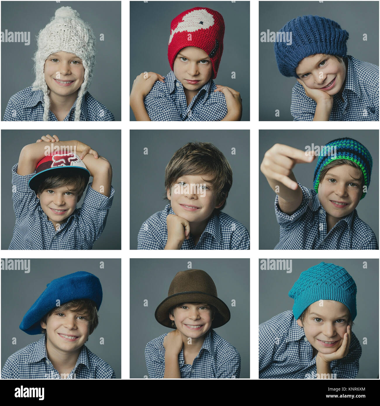 Fotokollage, Junge mit verschiedenen Kopfbedeckungen - photo collage, ragazzo con diverse testate Foto Stock