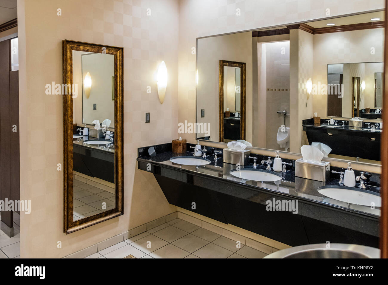 Interno del pubblico maschile di bagno o servizi igienici in un hotel di lusso, il Renaissance Hotel e Spa in Montgomery, Alabama, Stati Uniti d'America. Foto Stock