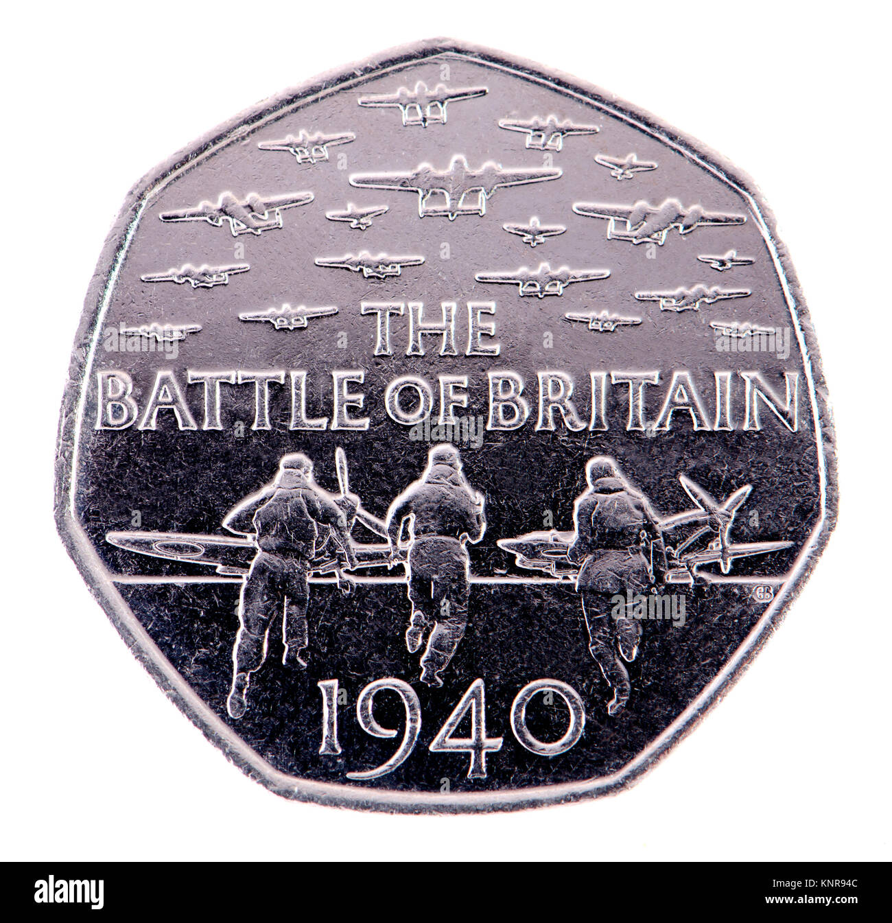 British commemorative 50p moneta. Settantacinquesimo anniversario della Battaglia di Bretagna (Gary Breeze: 2015) Foto Stock