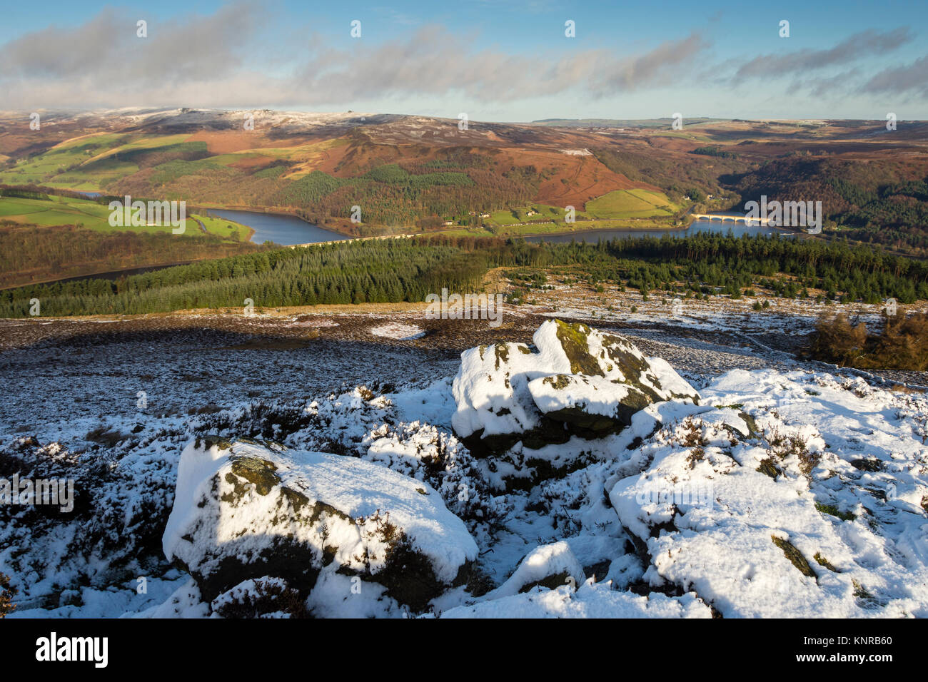 Serbatoio Ladybower e Derwent Mori dal vertice di Win Hill, Peak District, Derbyshire, England, Regno Unito Foto Stock