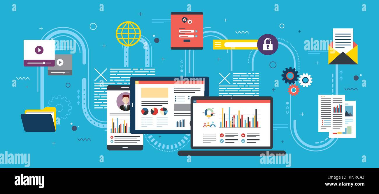 Tavoletta con l'analisi delle prestazioni, portatile e schermo internet con dati, icone di ricerca e la gestione del progetto, sviluppi applicativi. Concetto per suc Illustrazione Vettoriale