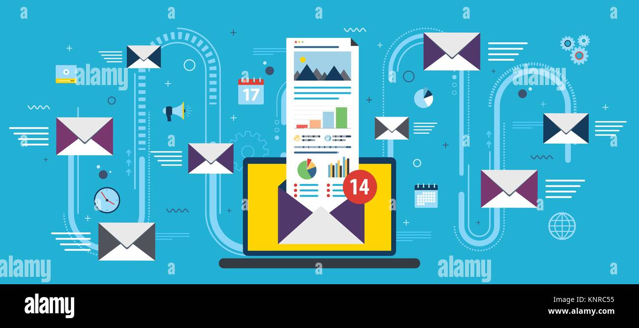 Computer portatile con la busta e aprire la posta elettronica sullo schermo. Email marketing pubblicità su internet i concetti. Appartamento illustrazione vettoriale. Illustrazione Vettoriale