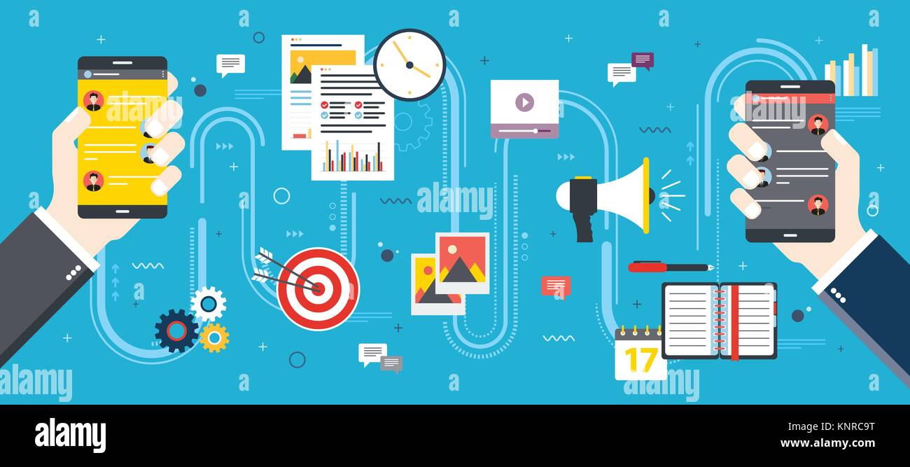 Messaggio in applicazione sullo smartphone, la condivisione di file di dati, video e dell'immagine. Concetto di business e la comunicazione sociale dei media e di internet. Appartamento Illustrazione Vettoriale