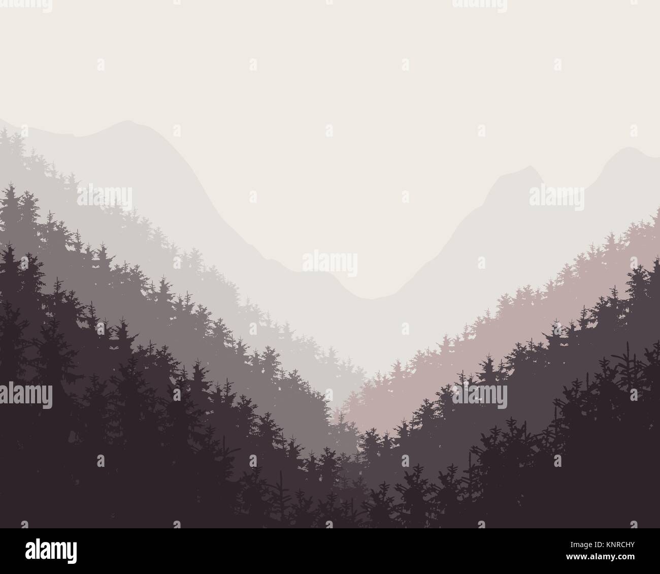 Retrò vettore illustrazione di una foresta di inverno con neve e sfondi nebuloso Illustrazione Vettoriale
