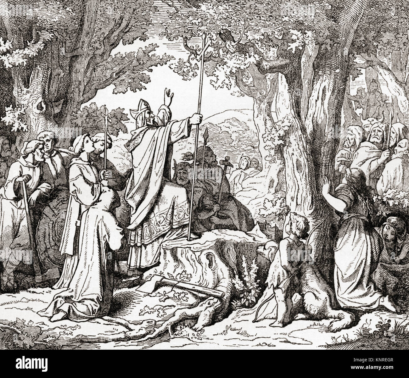 San Bonifacio abbattimento della quercia sacra aka il Donar di quercia o di Giove di rovere, Hesse, Germania. Un albero sacro dei pagani germanici, quando Bonifacio ha iniziato a tritare giù un gran vento, come se per miracolo, suonò la quercia antica oltre. Quando il dio non ha battere giù lui, le persone erano stupiti e convertito al cristianesimo. San Bonifacio, c. 675- 754 AD, nato Winfrid anche ortografato Winifred, Wynfrith, Winfrith Wynfryth o. Figura di primo piano nella missione anglosassone per il Germanico parti dell'impero frankish durante l'VIII secolo. Da Ward e bloccare la storia illustrata del mondo, pubblicato c.1882. Foto Stock