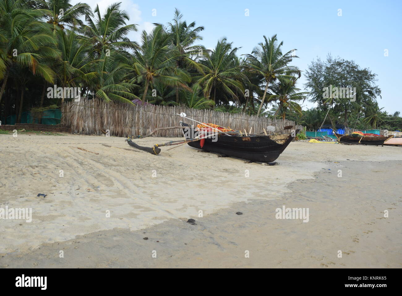 Vecchia barca in legno su di una spiaggia di sabbia con palme e alberi di noce di cocco. Raffreddare sullo sfondo di un paesaggio foto/immagini/foto per desktop, applicazioni e progetti web. Foto Stock