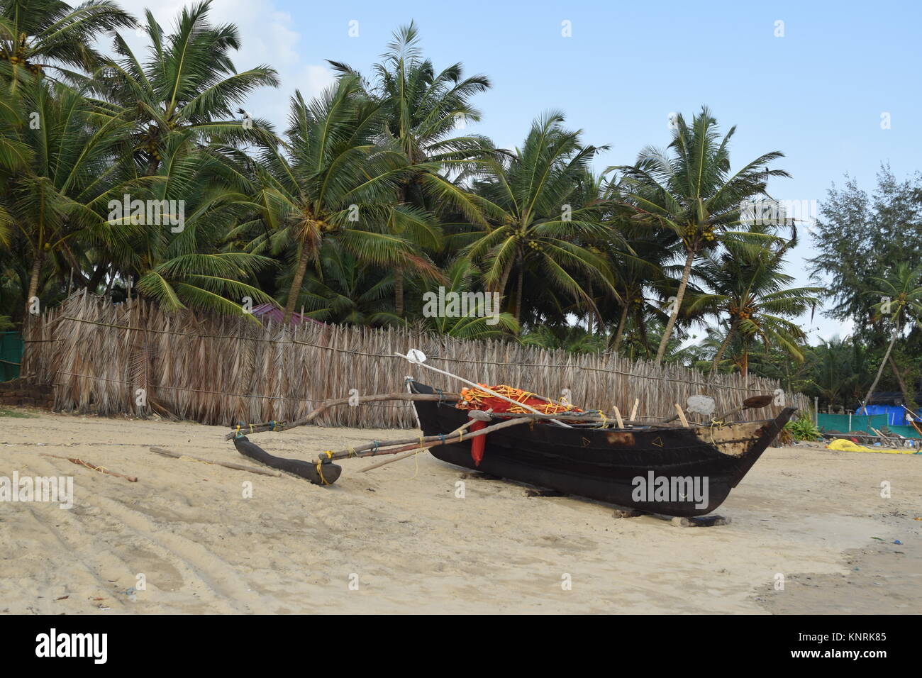 Vecchia barca in legno su di una spiaggia di sabbia con palme e alberi di noce di cocco. Raffreddare sullo sfondo di un paesaggio foto/immagini/foto per desktop, applicazioni e progetti web. Foto Stock